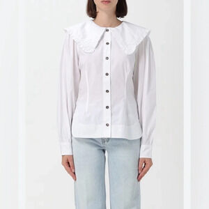 NWT GANNI Cotton Poplin Pilgrim Collar Top, Size EU 44 US 12/XL